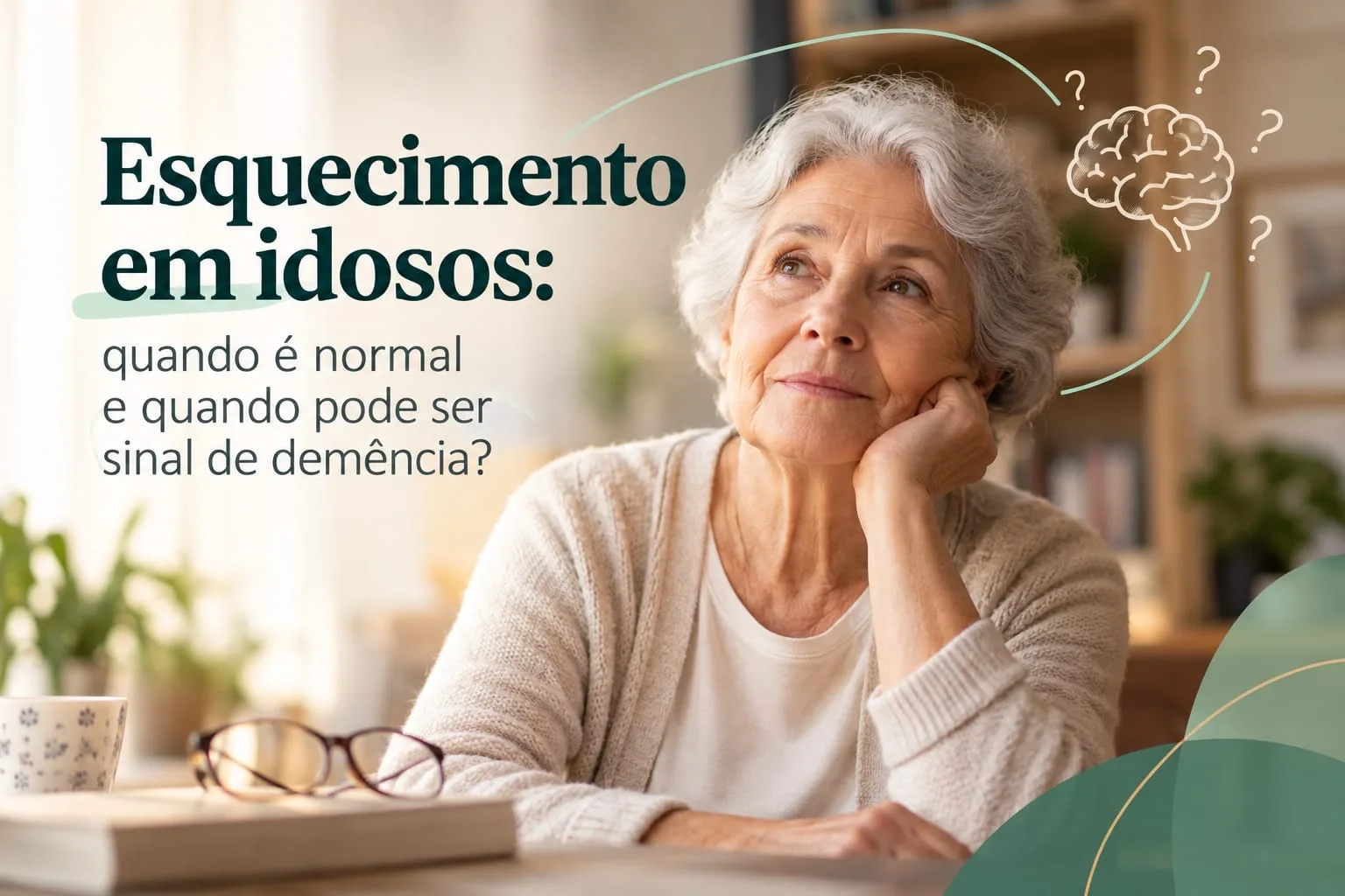 Mulher idosa pensativa, com a mão no rosto, ao lado de óculos e um livro sobre a mesa.