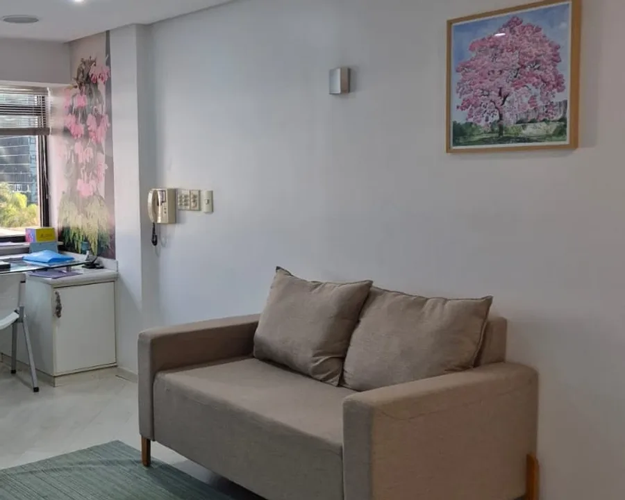 Sala de espera da Clínica SINApsis, na Asa Norte, com sofá, tapete verde e quadro de ipê florido.