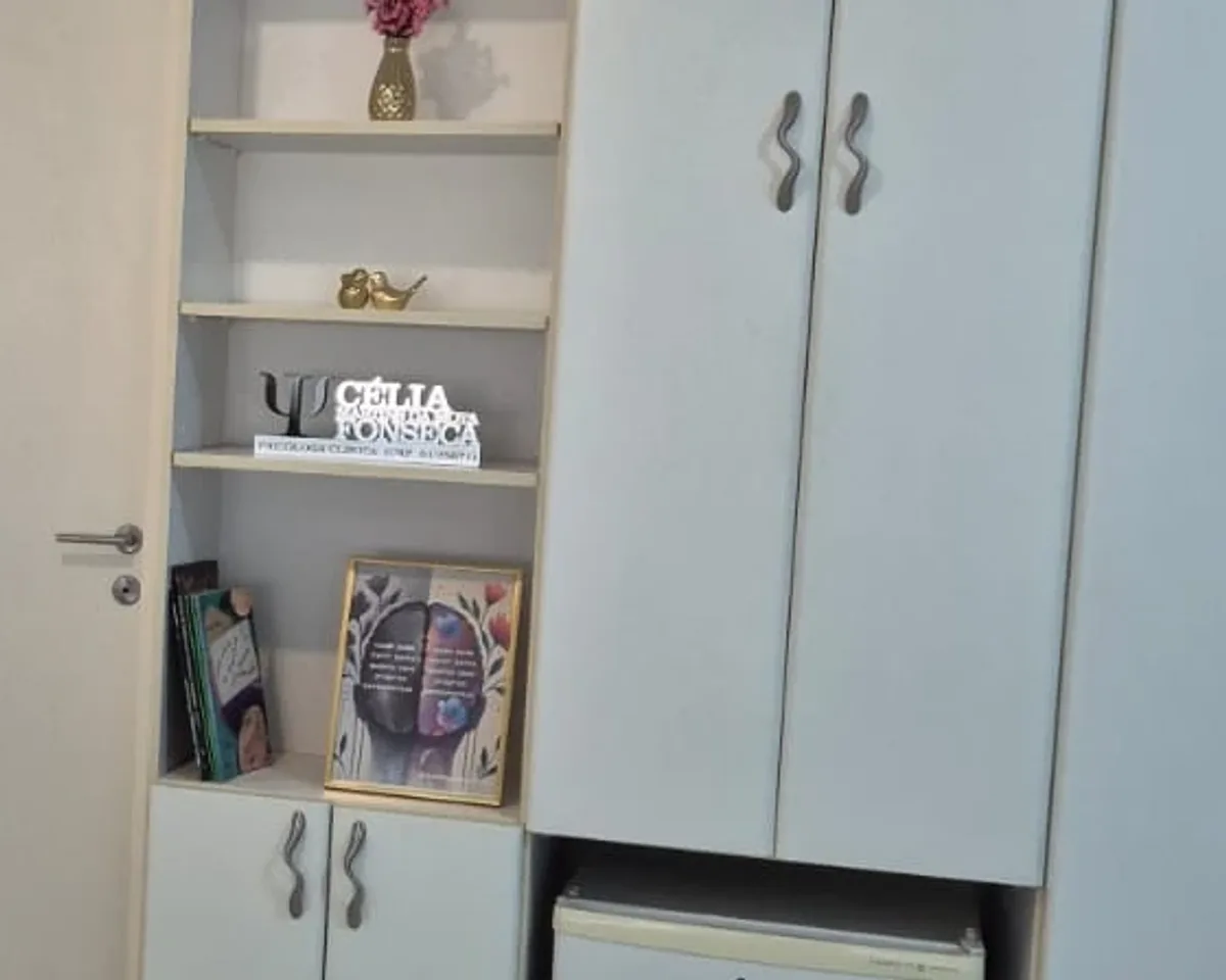 Estante da Clínica SINApsis com livros e materiais usados nas avaliações psicológicas e neuropsicológicas.